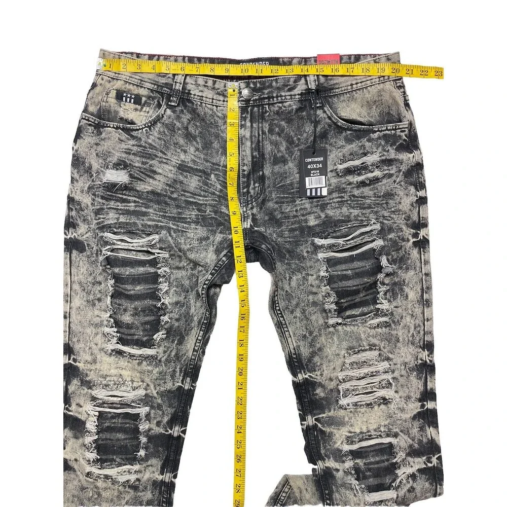 Contender Premium Men's Slim Straight Leg Patched Distressed Jeans Size 40x34